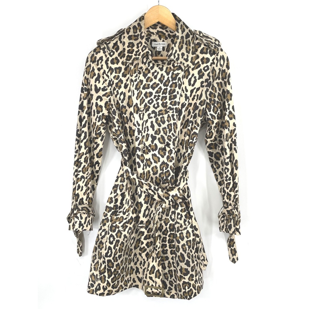 Joan Rivers Womens Trench Coat XS Jacket Tan Leopard Print Belted Stretch Cotton